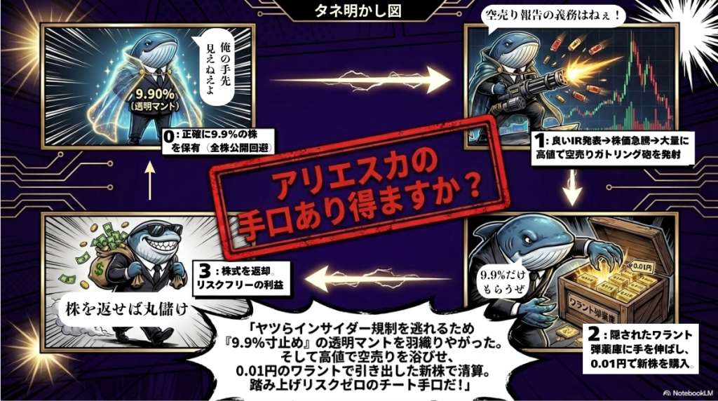 An infographic detailing the tactical short-selling mechanics used by institutional funds. The central red stamp features a witty Japanese pun: "Is the Ariesca method even possible? (Ariesca no teguchi ari-emasu-ka?)". In Japanese, the fund name "Ariesca" sounds exactly like "Is that possible?", creating a sharp, sarcastic double-meaning against their cheat-like strategy. The 4 panels expose the loop: (0) Cloaking below the 9.90% insider threshold to avoid public disclosure, (1) Firing a "short-selling gatling gun" into positive IR pumps, (2) Replenishing via $0.01 warrants, and (3) Returning shares for risk-free, absolute profit.
